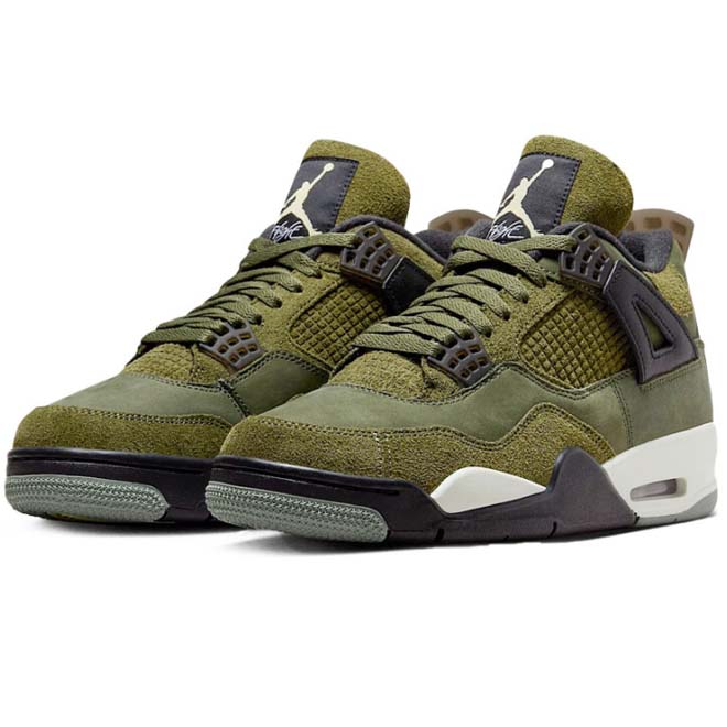 Air Jordan 4 Craft Medium Olive zijkant cage en midsole detail groen