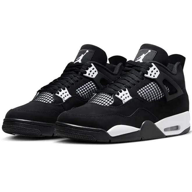 Air Jordan 4 Retro White Thunder zijkant cage en midsole contrast detail zwart wit