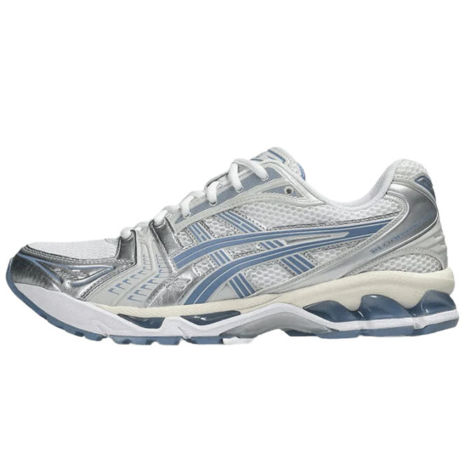 ASICS Gel Kayano 14 White Light Navy front view witte runner sneaker blauwe details