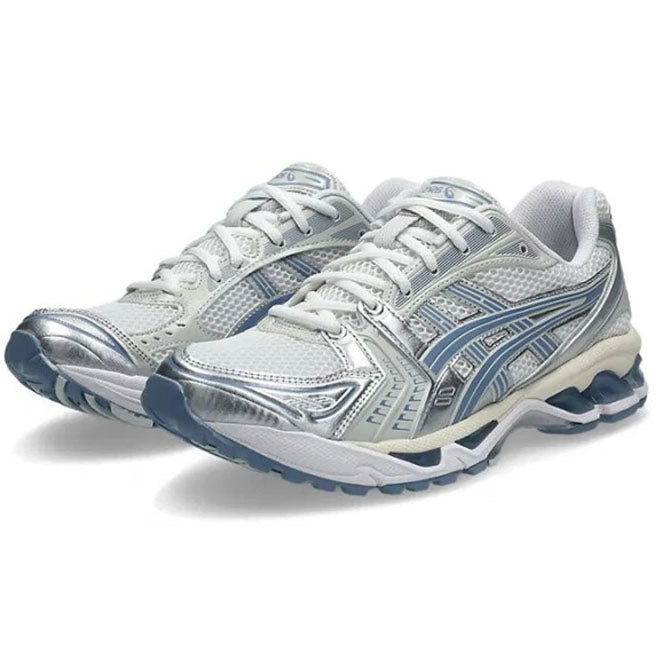 ASICS Gel Kayano 14 White Light Navy zijkant cage design en GEL zool detail