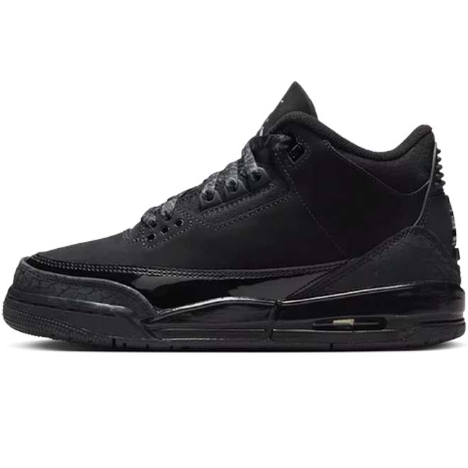Air Jordan 3 Retro Black Cat front view zwarte sneaker nubuck en elephant print