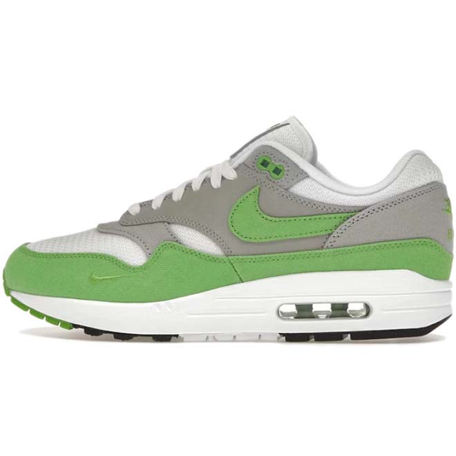 Nike Air Max 1 Patta 20th Anniversary Chlorophyll volledig zijaanzicht met groene mudguard en Air unit detail