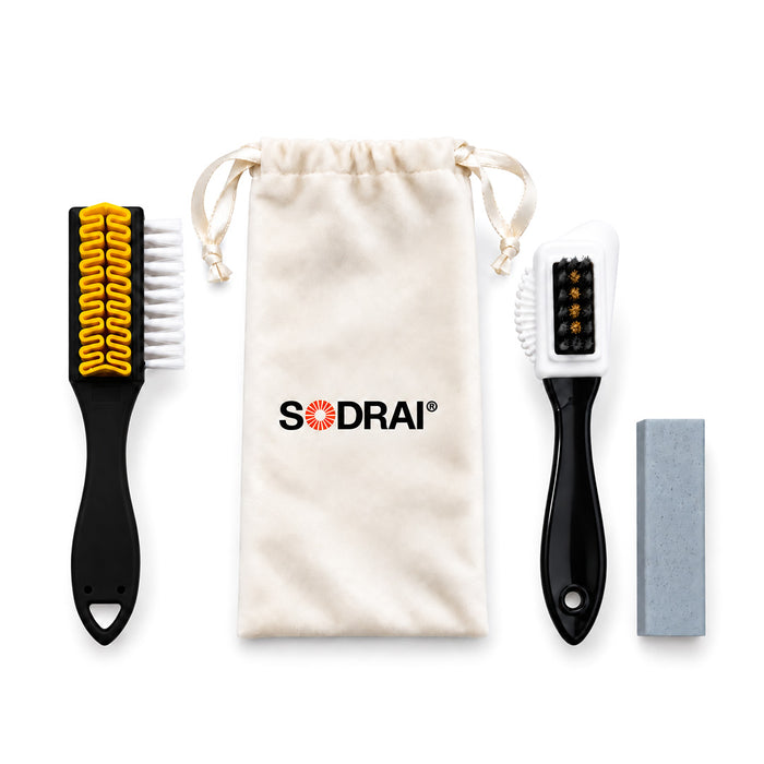Sodrai suède care set met gum rubber borstel en verpakking zak overzicht