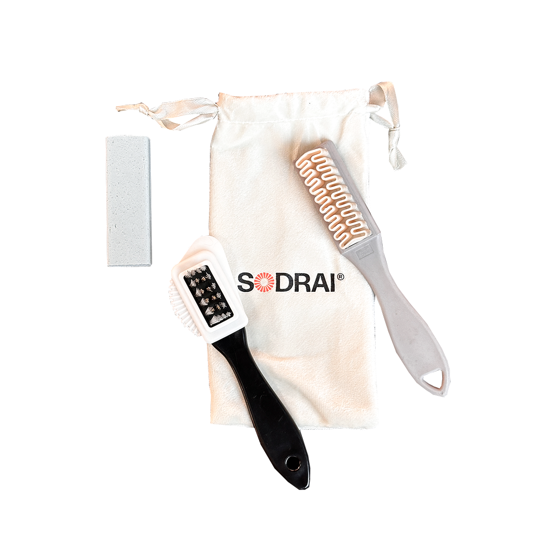 Sodrai suède care set met gum rubber borstel en verpakking zak overzicht