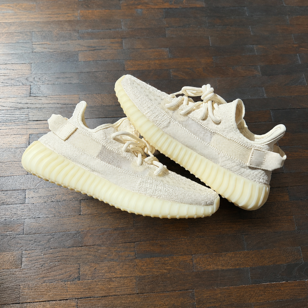 Adidas Yeezy Boost 350 V2 Bone in de winkel met echte kleur en premium Primeknit afwerking