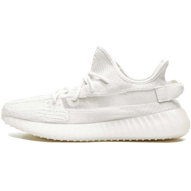 Adidas Yeezy Boost 350 V2 Bone zijkant met witte Primeknit upper en semi transparante stripe